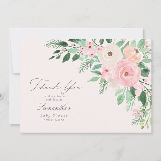 Carte De Remerciements Baby shower floral souple rose printemps rose (Devant)