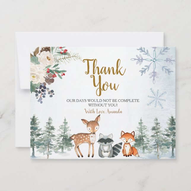 Carte De Remerciements Baby shower forestier d'hiver (Devant)