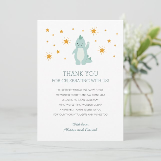 Carte De Remerciements Baby shower garçon Blue Dinosaur Stars (Debout devant)