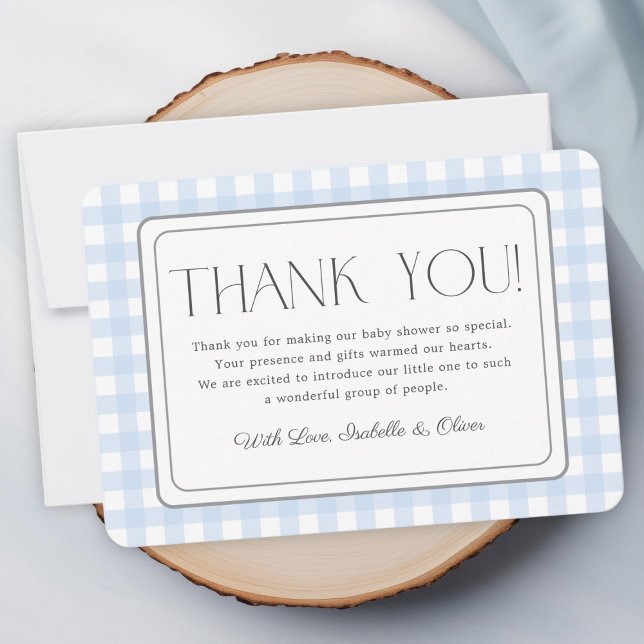 Carte de remerciements Baby shower  garçon En vich (Blue Gingham Boy Baby Shower Thank You Card)