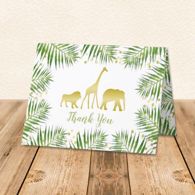 Carte de remerciements Baby shower Gold Safari Ani (Tropical Safari Animals gold and green with palm branches Folded Thank You Card)