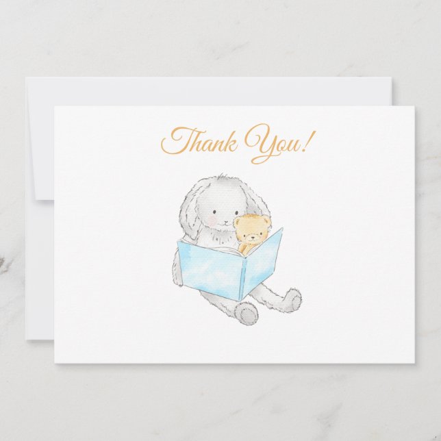 Carte De Remerciements *~* Baby Shower Lapin Lecture à Teddy (Devant)