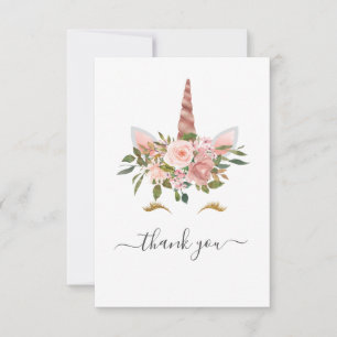 Carte De Remerciements Baby Shower Licorne Fleurie Rose Pâle & Or Rose
