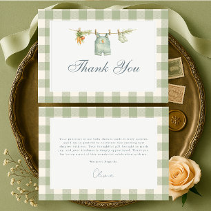 Carte De Remerciements Baby-Shower Local à Thème Gingham Vert Sauge