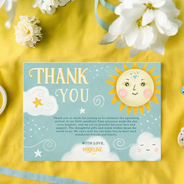 Carte De Remerciements Baby shower lunaire et nuages rétro (Retro whimsical Sun and Clouds baby shower Thank You Card)