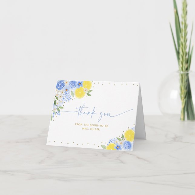 Carte De Remerciements Baby Shower Mariage Fleur Bleue Citron (Devant)