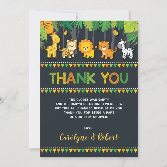 Carte De Remerciements Baby shower mignon de garçon de safari d'animaux (Devant)