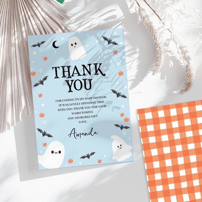 Carte De Remerciements Baby shower moderne Blue Halloween Little Boo (Halloween Baby Shower Thank You Card Boy, Ghosts, Little Boo Thank You Card, Baby Blue Halloween)