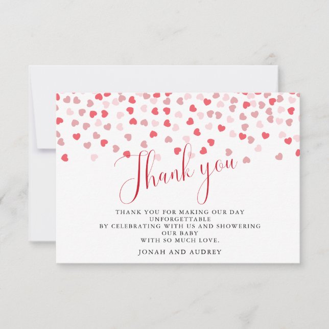Carte De Remerciements Baby shower moderne de Coeurs rouges roses (Devant)