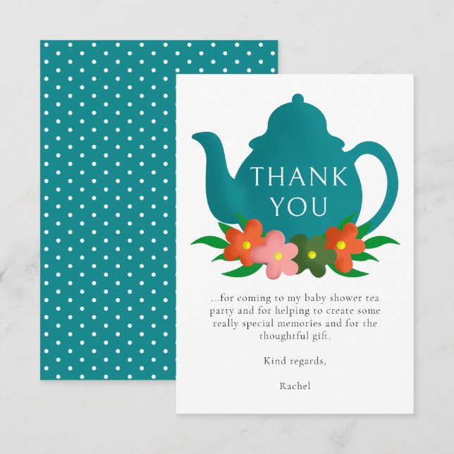 Carte De Remerciements Baby shower moderne de théière florale neutre pour (Devant / Derrière)