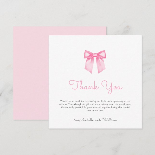Carte De Remerciements Baby shower moderne Elegant Rose Bow (Devant / Derrière)