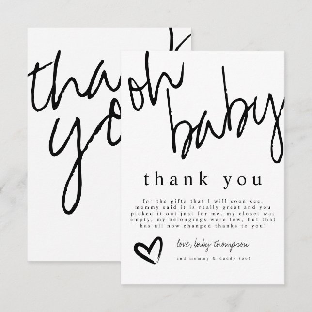 Carte De Remerciements Baby shower moderne Oh Baby noir & blanc (Devant / Derrière)