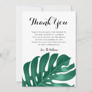 Carte De Remerciements Baby shower moderne Tropical Monstera Green Leaf
