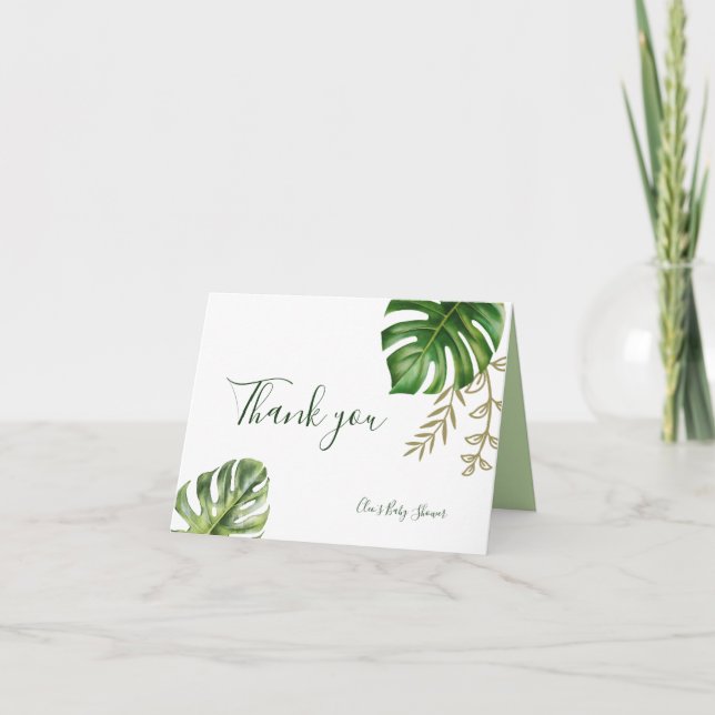 Carte De Remerciements Baby shower moderne vert feuille genre neutre (Devant)