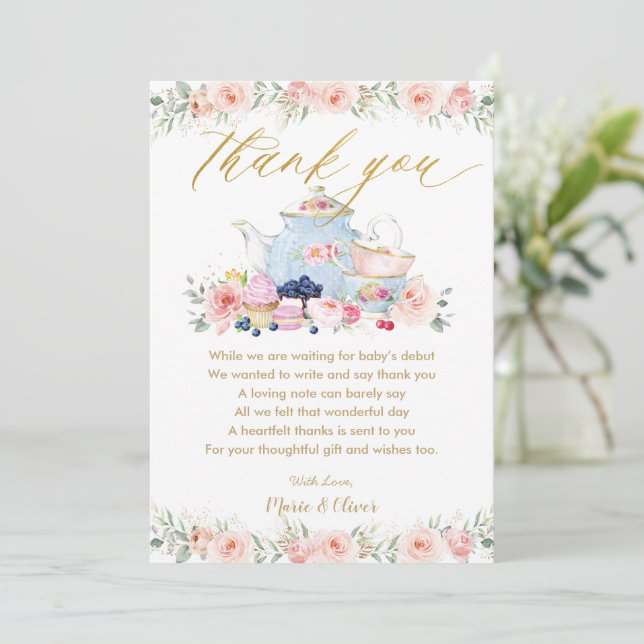 Carte De Remerciements Baby Shower Naissance Fête Fleur Rose Pâle Thé  (Debout devant)