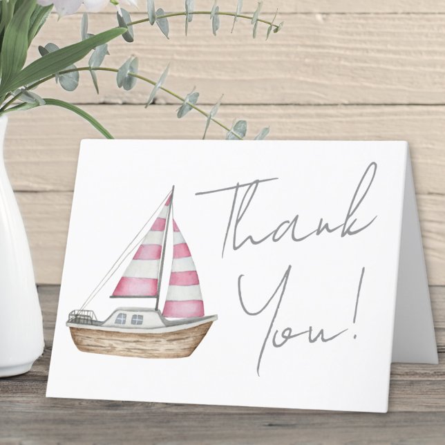 Carte De Remerciements Baby shower nautique rose minimal (Minimal Pink Nautical Baby Shower Thank You Card )