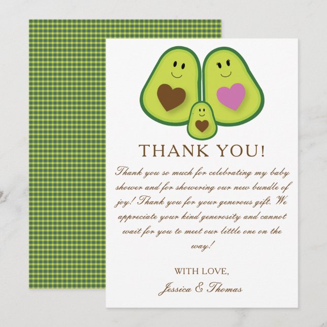 Carte De Remerciements Baby shower neutre homme-femme de l'Avocado mignon (Devant / Derrière)
