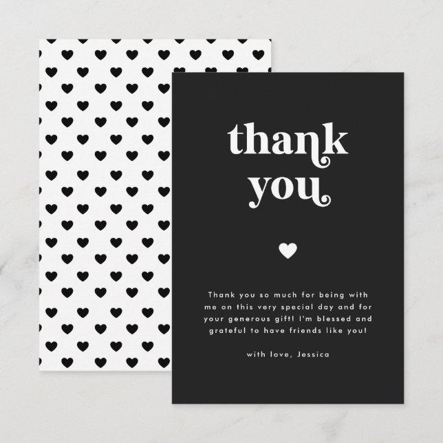 Carte De Remerciements Baby shower noir et blanc rétro Coeur (Devant / Derrière)