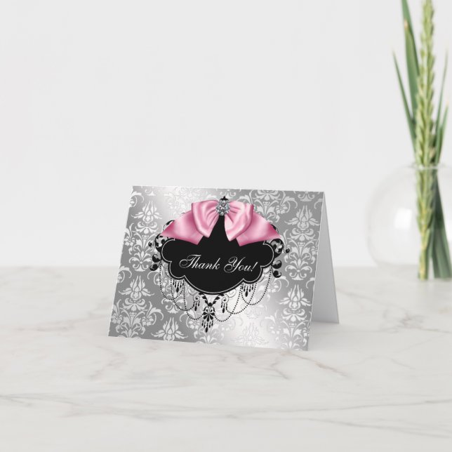 Carte de remerciements Baby shower noir rose Damas (Devant)
