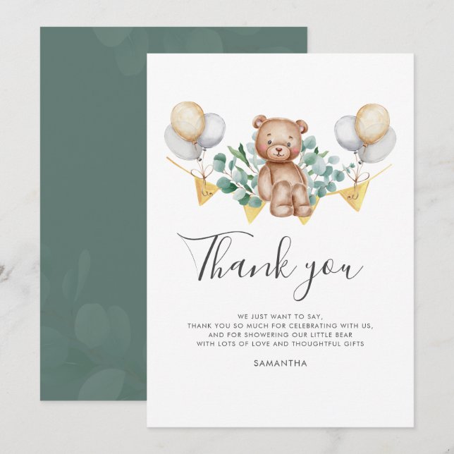 Carte De Remerciements Baby shower Ours Eucalyptus (Devant / Derrière)