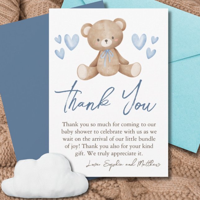 Carte De Remerciements Baby shower Ours, Garçon bébé, Coeurs Bleus (Créateur téléchargé)