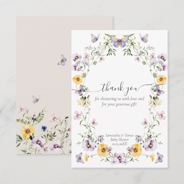 Carte De Remerciements Baby Shower Papillon Fleur Sauvage  (Devant / Derrière)