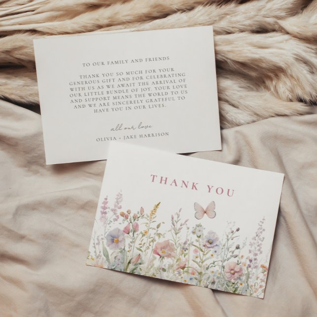 Carte De Remerciements Baby shower papillon Fleur sauvage de printemps (Créateur téléchargé)