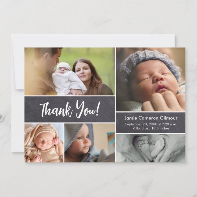 Carte De Remerciements Baby shower personnalisé État de naissance Collage (Devant)