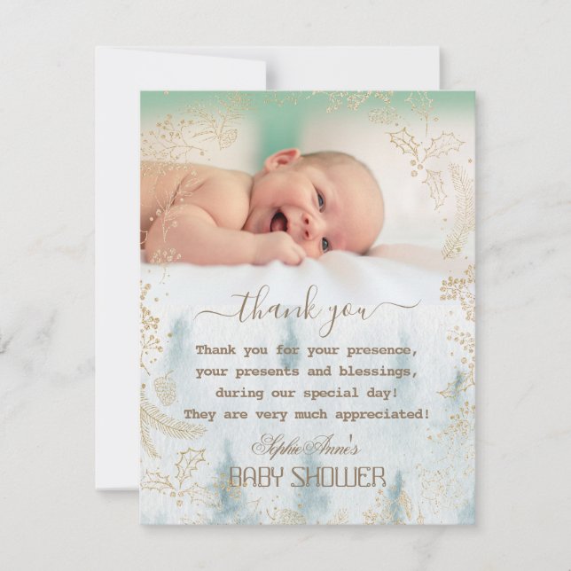 Carte De Remerciements Baby shower photo de la Forêt de cadre d'or d'hive (Devant)