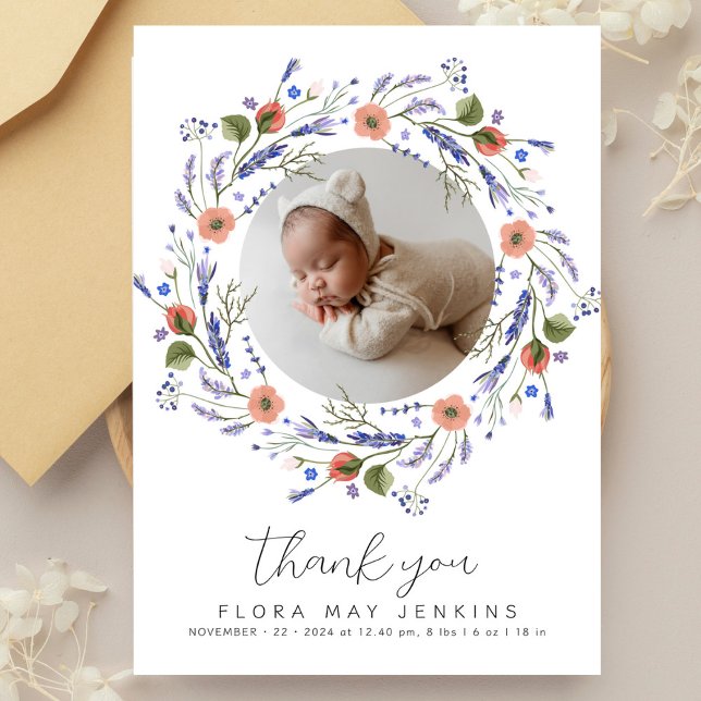 Carte De Remerciements Baby shower photo Fleur sauvage simple (Créateur téléchargé)