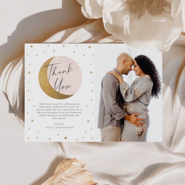 Carte De Remerciements Baby shower photo Lune et étoiles (Gold Moon and Stars Pink Girls Baby Shower Photo Thank You Card.)