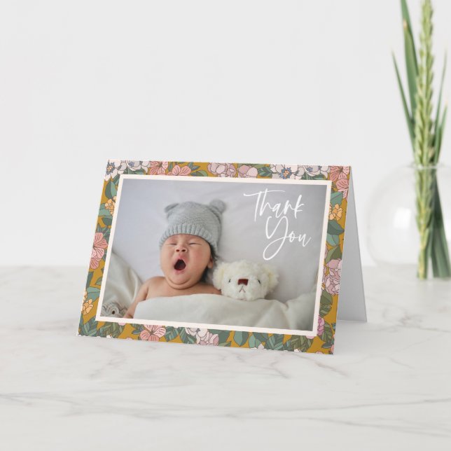 Carte De Remerciements Baby shower photo moderne Boho Floral Nouveau-né (Devant)