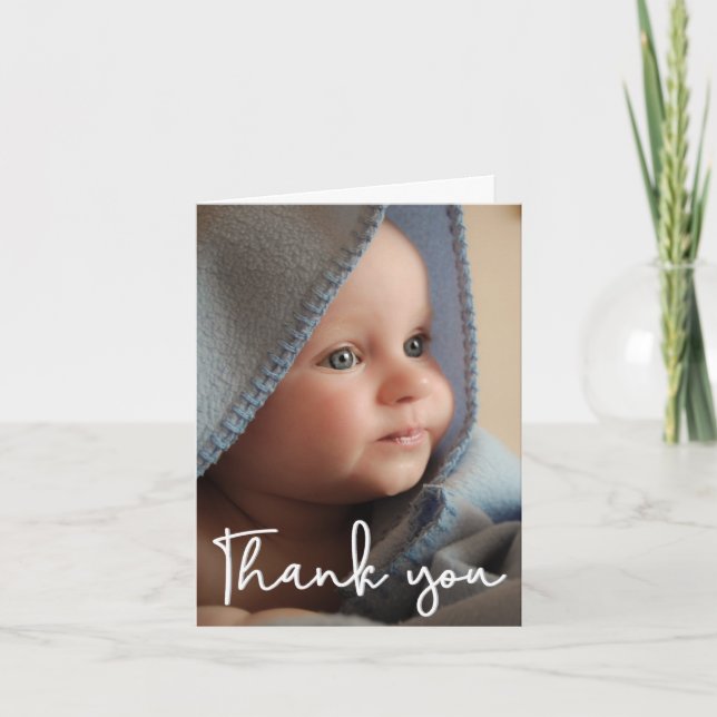 Carte De Remerciements Baby shower photo personnalisé vertical manuscrit (Devant)