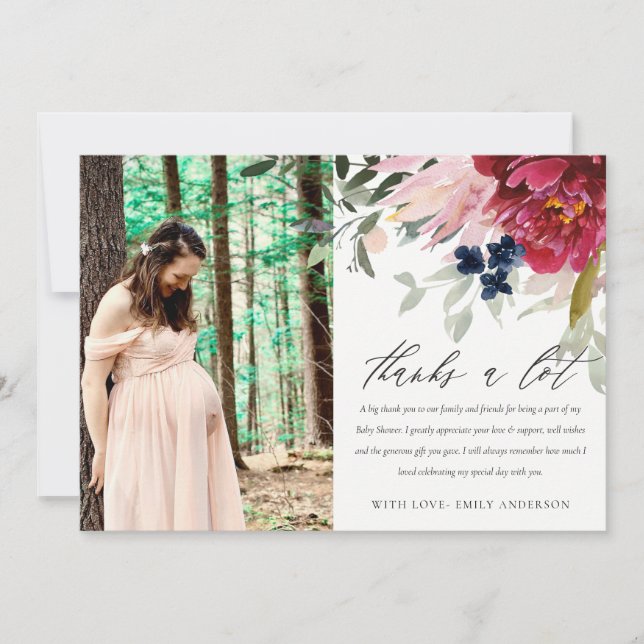 Carte De Remerciements Baby shower photo Red Burgundy Blush Floral Bunal (Devant)