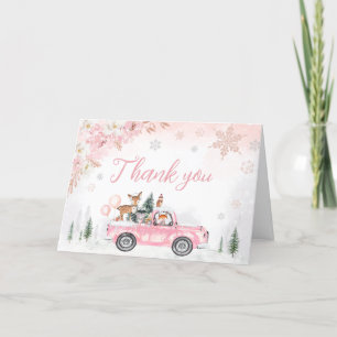 Carte De Remerciements Baby shower Pink Winter Woodland Truck