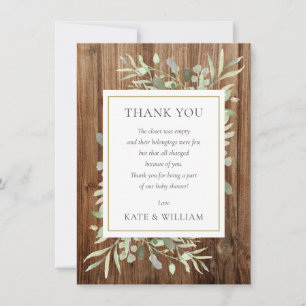Carte De Remerciements Baby shower Poème Vert Feuille Bois rustique