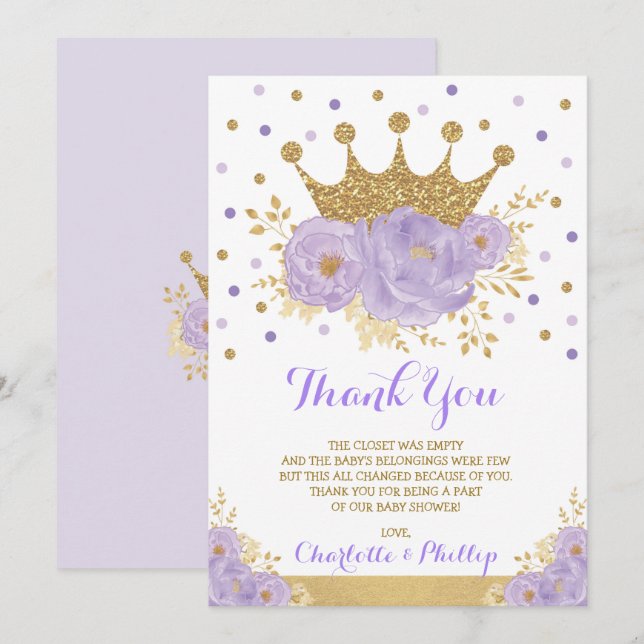 Carte De Remerciements Baby shower princesse Couronne violet or Floral (Devant / Derrière)