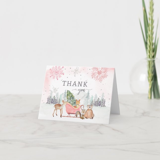 Carte De Remerciements Baby shower rose boisé d'hiver (Devant)