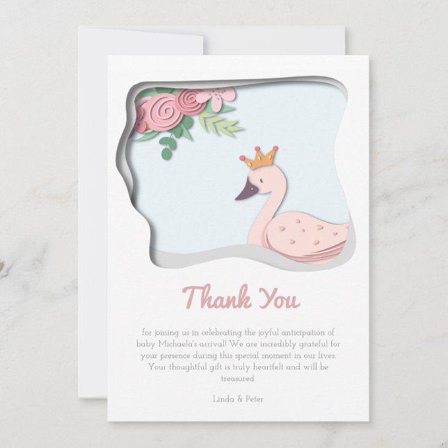 Carte De Remerciements Baby shower rose cygne fille (Devant)