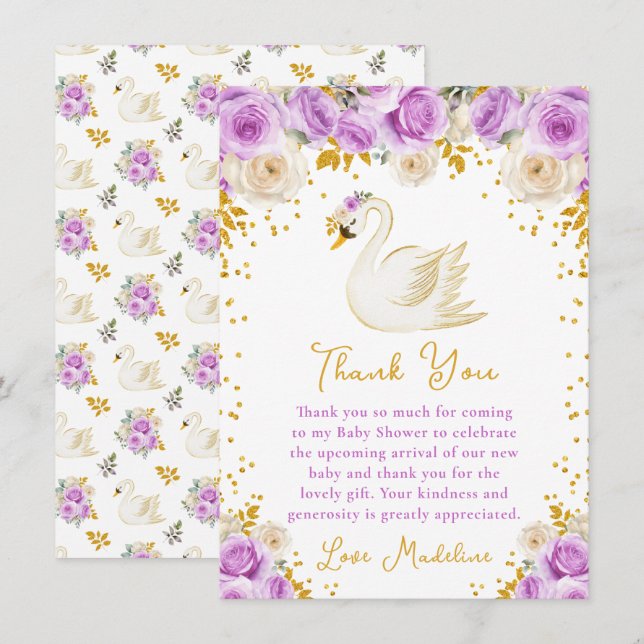 Carte De Remerciements Baby shower Rose cygne violet et or (Devant / Derrière)