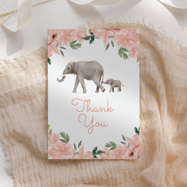 Carte De Remerciements Baby shower rose floral Eléphant fille (Créateur téléchargé)