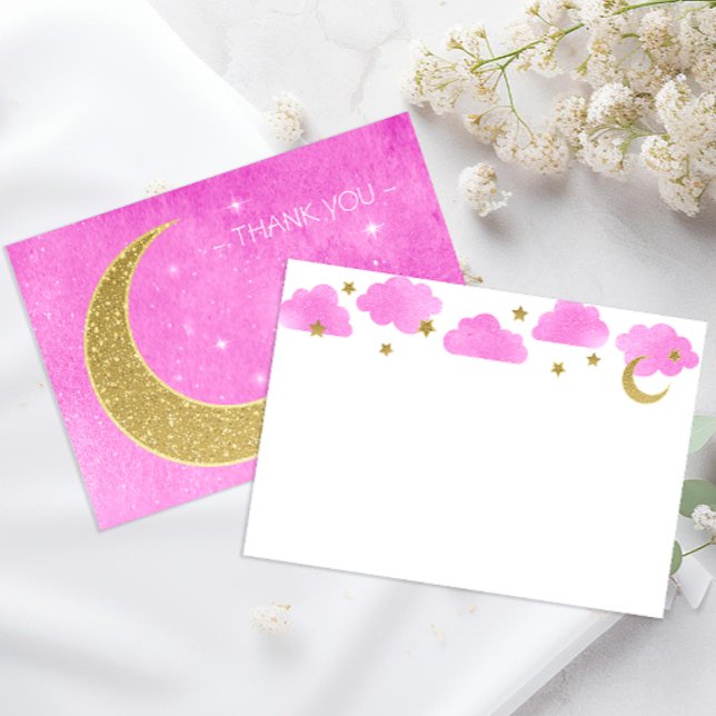 Carte de remerciements Baby shower rose Lune & Éto (Moon & Stars Thank You Note Cards)