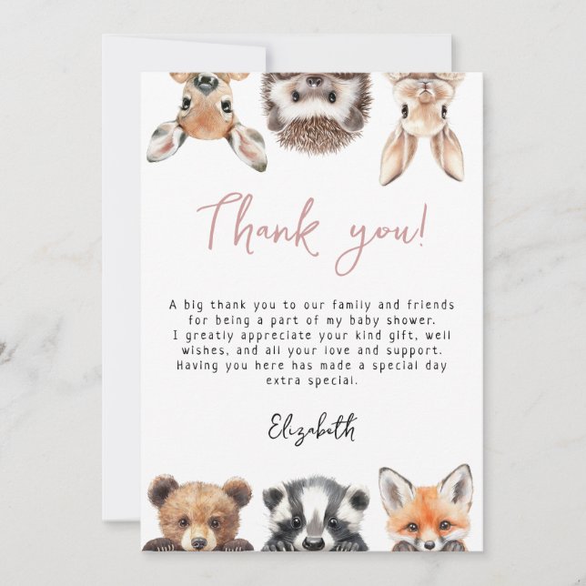 Carte De Remerciements Baby shower rose mignon des animaux de forêt (Devant)