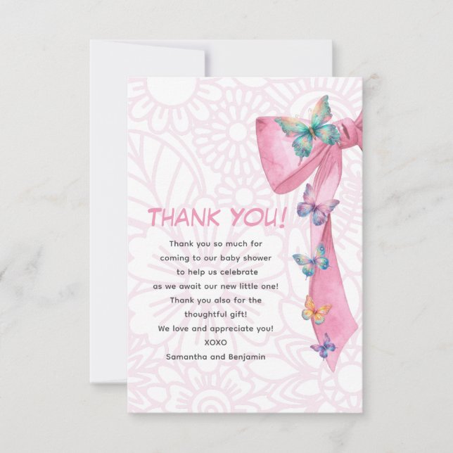 Carte De Remerciements Baby shower rose papillon (Devant)