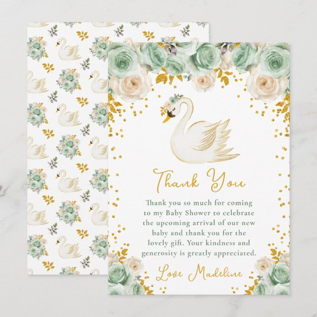 Carte De Remerciements Baby shower Rose Swan Sage Green et Gold (Devant / Derrière)