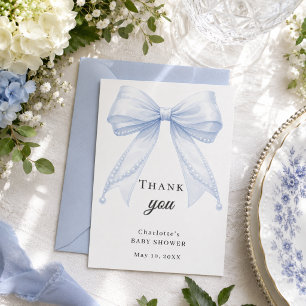 Carte De Remerciements Baby Shower ruban bleu perles élégant