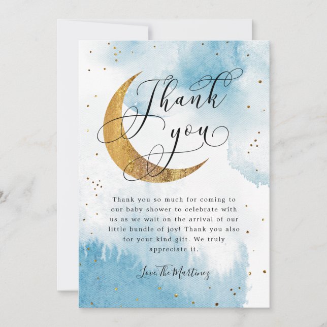 Carte De Remerciements Baby shower Rustic Blue Gold Moon Stars (Devant)