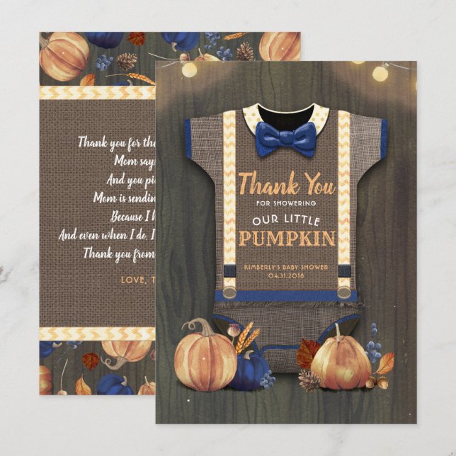 Carte De Remerciements Baby shower Rustique Automne Citrouille mignon Mer (Devant / Derrière)