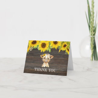 Carte De Remerciements Baby shower rustique des Tournesols Highland Cow
