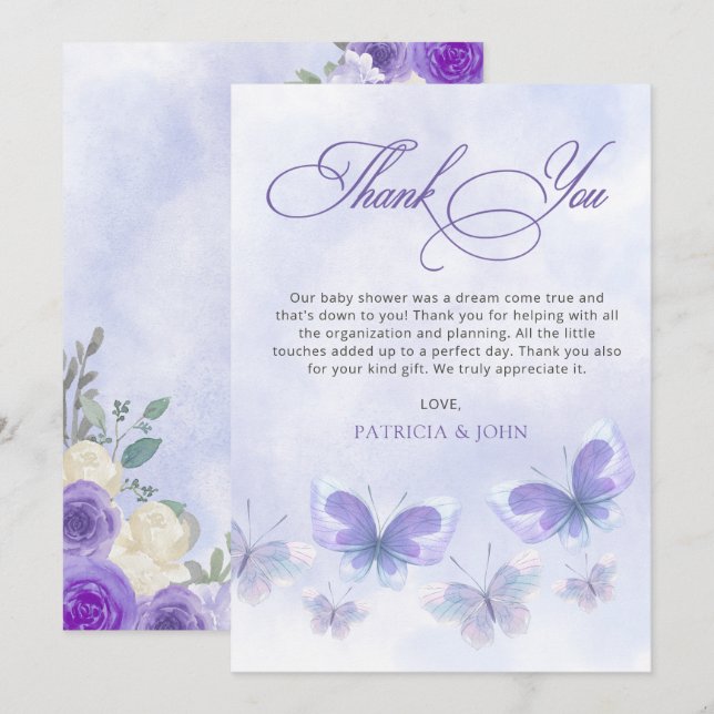 Carte De Remerciements Baby shower Rustique Floral Purple Lilac Butterfli (Devant / Derrière)